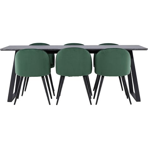Malaga Essgruppe Esstisch 90x200cm dunkel grau und 6 Skagen Stuhl velour grün.