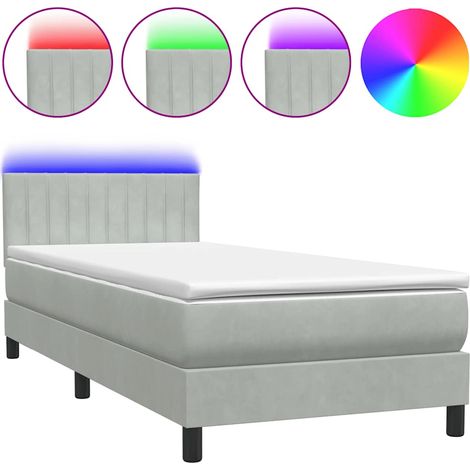 Lit simple Lit adulte Sommier à lattes de lit et matelas et LED gris clair 90x220 cm velours (1/5)