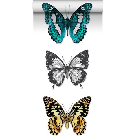 papier peint intissé XXL papillons turquoise, noir et blanc - ESTAhome (1/5)