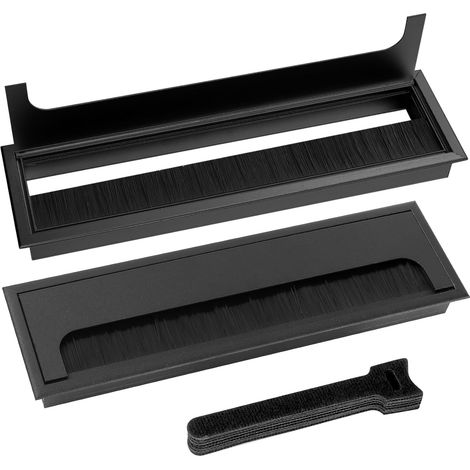 2 Pieces Passe Cables Encastrables Bureau, Sortie de Câble pour Encastrer sur Table de Bureau, Organisateur de Cables, avec Joint Brosse, 10 Pieces Serre-câbles (Noir, 280x80mm) (1/5)
