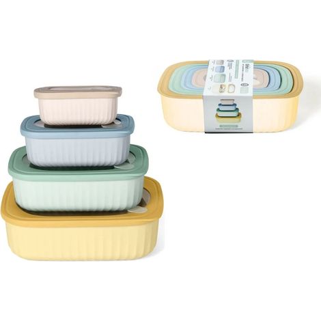 Trade Shop - Conjunto 4pcs Recipientes Rectangulares Tapas Herméticas Para Ahorrar Plástico En 4 Colores -