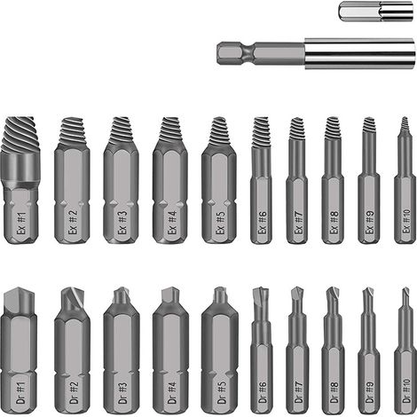 Kit di estrazione viti danneggiate, 22 pezzi, kit di rimozione bulloni rotti, set di estrattori HSS multiuso con porta punte di estensione magnetico e adattatore per bussola, argento (1/5)