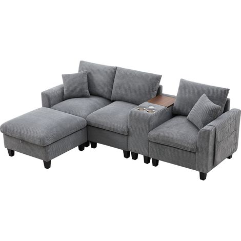 Sofá Esquinero Modular 4 Plazas con Consola, USB, Portavasos, Bolsillos, Cojines, Corduroy Gris (1/5)