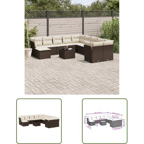 vidaXL 12-tlg. Garten-Sofagarnitur mit Kissen Braun Poly Rattan