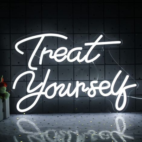 Enseigne néon « Treat Yourself » – Luminaire LED blanc froid en forme de lettres, adapté aux murs de chambre, mariages, fêtes d'anniversaire, bars et plus encore (1/5)