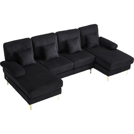 Canapé Panoramique en U avec Éclairage LED et Port USB, 4 Coussins, Dossier Ergonomique en Velours Noir