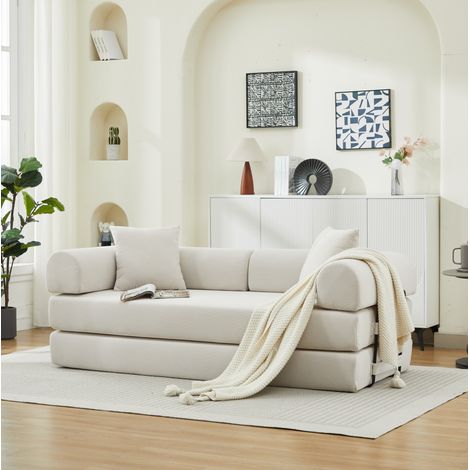 Divano letto 200x90x75 cm, trasformabile in divano a 3 posti, senza montaggio, tessuto corduroy bianco (1/5)