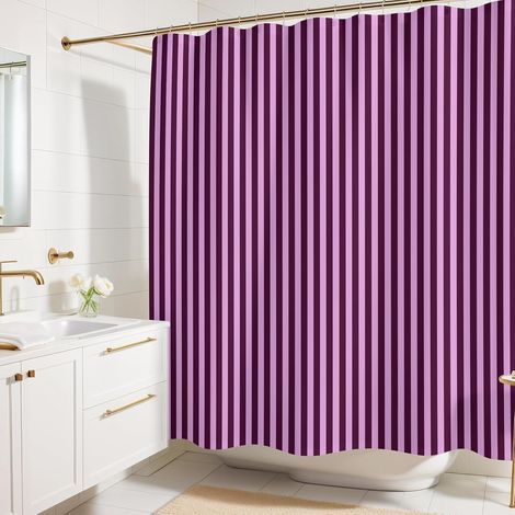 Rideau De Douche - 180 x 180 cm - Rayures Prune Et Rose - Tissu Polyester - Pour Salle De Bain Standard