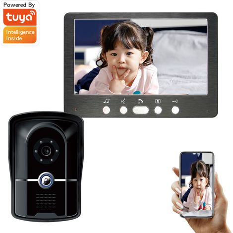 Jeffergarden Interphone Vidéo avec Caméra 1080P Exterieur étanche Visiophone Bluetooth Sonnette avec écran de 7'' Visiophone Vision Nocturne Audio Bidirectionnel，6 langues 16 sonneries-DOU