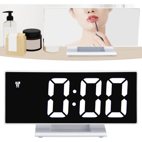 Réveil numérique LED, réveil électronique multifonction, réveil miroir, rechargeable par USB, blanc (1/5)