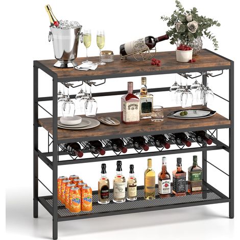 COSTWAY 104 CM Wine Rack Freestanding Wine Bar Table w/4Glass Holders-Coffee (1/5)
