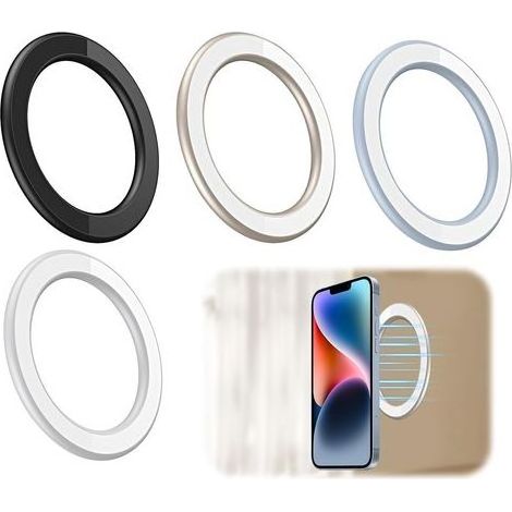 4 Pack Anneau MageSafe Mural Magnétique Mag Safe Sticker Autocollant pour iPhone 17 16 15 14 13 12 Pro Max Aimant N52H Coque en Alliage Support pour Auto Salle de Bain et Cuisine (Blanc noir or bleu) (1/5)