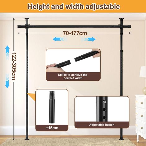Wolketon – Tringle à rideaux verticale réglable 122-305 cm – Largeur 70-177 cm – Acier au carbone noir – Installation sans perçage