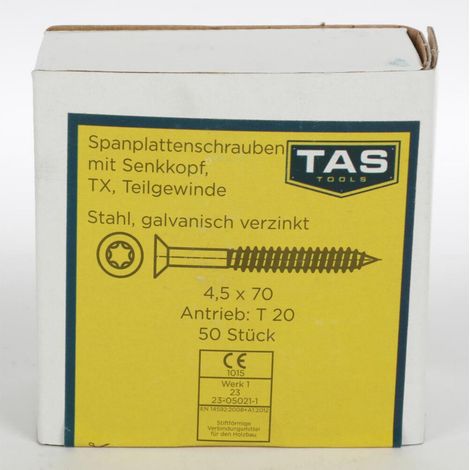 12x TAS Spanplattenschrauben 50 Stück 4,5x70mm TX Teilgewinde Senkkopf Holz Bau (1/5)