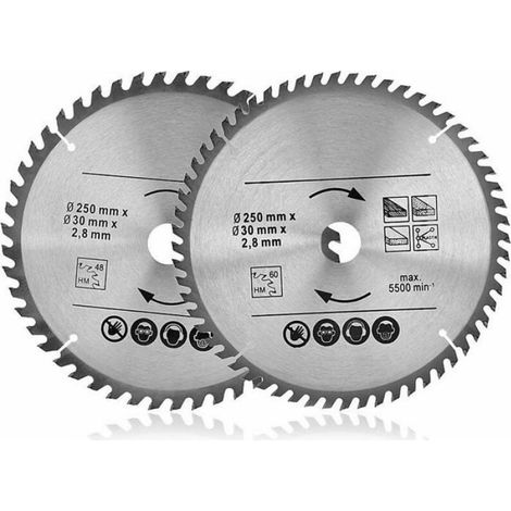 Lame De Scie Circulaire - 250 mm - 48T Et 60T - Pour Bois Et Contreplaqué - 2 Pièces (1/4)