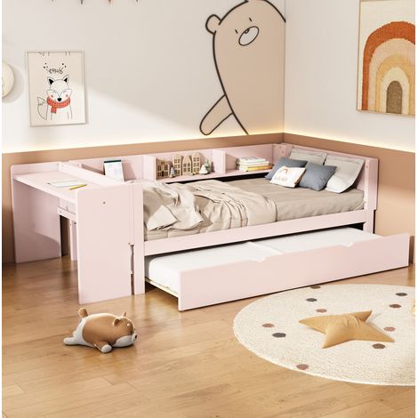 lit 90x200 avec lit d’appoint, bureau, étagères rose HAVRYA (1/5)