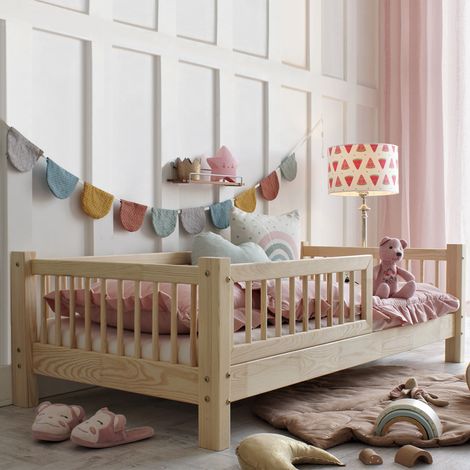 Letto 80x160 con barriera e rete a doghe inclusa piedi 10 cm Adèle Bois (1/4)