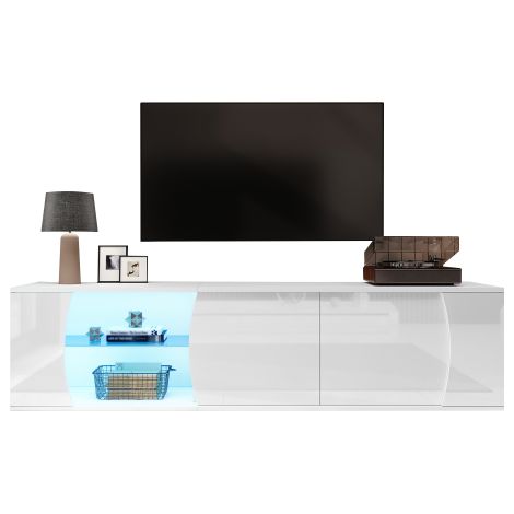 Meuble TV 180cm 3 portes verre trempé LED pour téléviseur 80 pouces