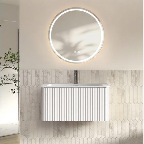 Meuble de salle de bain suspendu 80 cm avec lavabo et miroir LED antibuée blanc OKWISH (1/5)