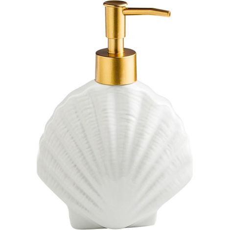 Dispenser di sapone in ceramica a forma di conchiglia con dosatore a pompa. Dispenser di sapone dal design marino per bagno e cucina. Design estivo per la zona giorno. (1/5)