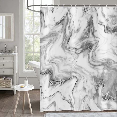 Rideau de douche effet marbre 180x180, gris et blanc, style abstrait, moderne et luxueux, en polyester imperméable et lavable. (1/5)