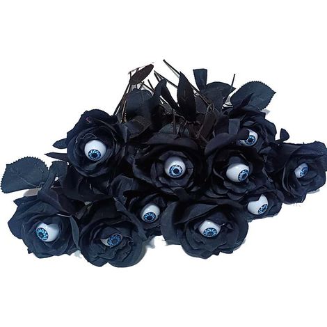 6 pezzi di rose nere artificiali, bouquet di rose finte per Halloween, fiori a gambo lungo, decorazioni per feste e casa, fiori con occhi (1/4)