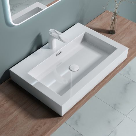 doporro® Lavabo suspendido o Lavabo sobre encimera blanco rectangular Colossum818 de 73cm de ancho Lavabo de mármol mineral fundido