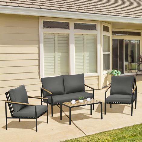 Ensemble de jardin 4 pièces, 4 places, avec canapé 2 places, fauteuils et table basse, 8 coussins, noir et gris foncé. (1/5)