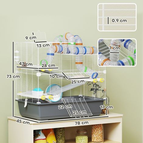 Cage à hamster nain gris 4 niveaux 78x45x73cm système de tunnels cabane accessoires ouverture supérieure, environnement de jeu enrichi pour rongeurs (1/5)