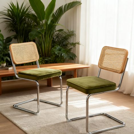 Sedia da pranzo in cromo e rattan verde, seduta in velluto, impilabile, stile moderno,53×46.4×84.6cm (1/5)