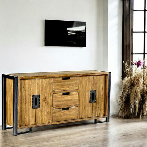 Pier Import – Enfilade en teck massif recyclé 4 portes 3 tiroirs 186x45x88cm – Finition naturelle – Tiroirs sur rails métal avec ouverture totale (1/5)