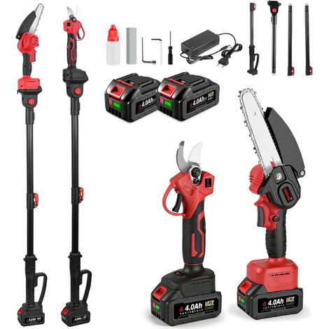 4-in-1 Pole Pruner, 2 x 4Ah Batteries Autonomy 50 min, Opening 3 cm, 15 cm Chainsaw, Telescopic pole 2 m, Adjustable angle 180°, For tree pruning (1/5)