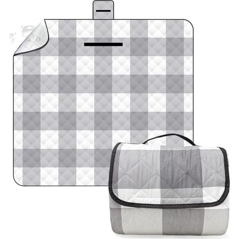200 x 200 cm Couverture Pique Nique, Imperméable et Résistante au Sable, Tapis Pique Nique Léger et Lavable à Carreaux avec Poignée, Pliable avec Poignée pour Le Camping/Jardin/Plage, Gris (1/4)