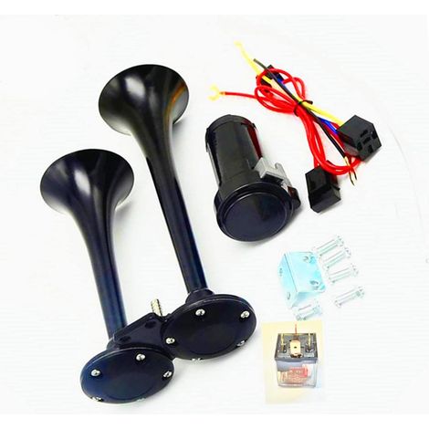 klaxon d'air de voiture 150DB Klaxon à double tube Car Horn Klaxon de camion en chrome zinc noir Trompette camion avec compresseur klaxon en métal pour tout 12V Truck Moto etc (1/5)