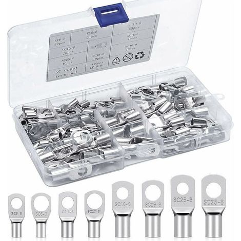 Cosse à Sertir Kits Cosses Electriques 6mm² 10mm² 16mm² 25mm² Cosses de Câble à Anneau Bornes en Cuivre Etamé Connecteurs SC pour Batterie Voitures, Automobile, Motos(120Pcs) (1/4)