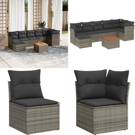 8-tlg. Garten-Sofagarnitur mit Kissen Grau Poly Rattan - Gartenmöbel - Esszimmergarnituren - Rattan Möbel - Outdoor Möbel - Lounge Set - Home & Living (1/5)