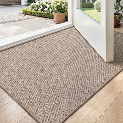 Tapis de Porte Intérieur Ultra Fin pour Entrée 60 x 90 cm, Tapis d’Entrée Antidérapant à Profil Bas, Paillasson au Design à Chevrons pour Intérieur, Terrasse et Porche, Beige foncé (1/5)