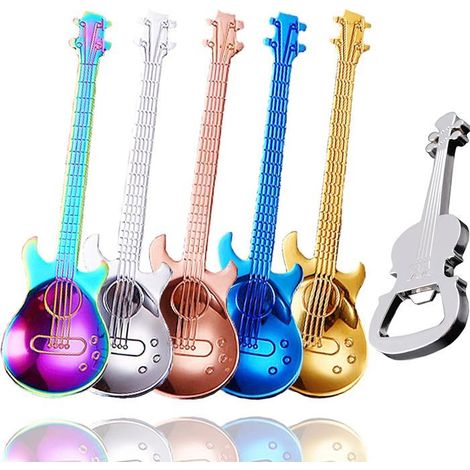 BelleRise - Cuillères à café en forme de guitare, cadeaux pour hommes, pour Noël ou un anniversaire (lot de 6 avec ouvre-boîte) (1/5)