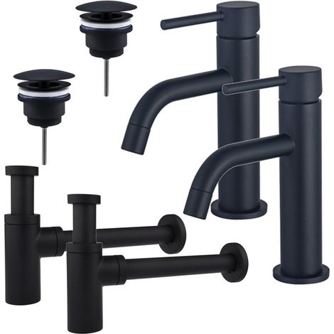 FugaFlow Eccelente Sobrado Slim Kit robinet lavabo - pour double vasque - robinet bas - bonde non-obturable - siphon design - Noir mat (1/4)