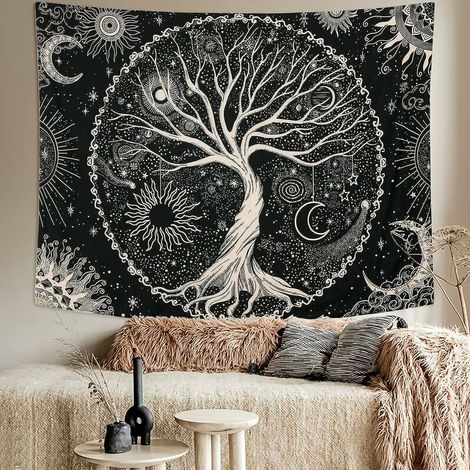 Arbre de Vie Tapisserie Lune et Soleil Noir Tenture Murale Tapisserie Psychédélique Mandala Étoilé Tapisserie Murale Hippie Décoration Murale pour Chambre Dortoir Fête (130x150cm) (1/5)