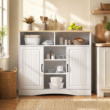 Isola cucina su ruote bianca con piano ribaltabile e 2 sgabelli OKWISH (1/5)