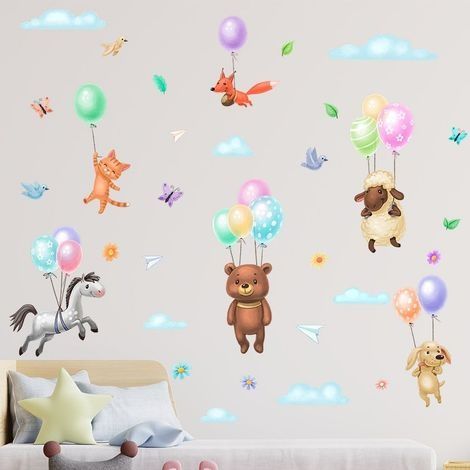 Stickers Muraux animaux peintures murales ballon à air chaud ours cheval mouton stickers muraux enfants bébé pépinière chambre (1/4)