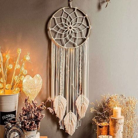 Attrape-rêves tissé macramé 90x25 cm – Décoration bohème artisanale – Plumes douces pour sommeil apaisant – Cadeau créatif (1/5)