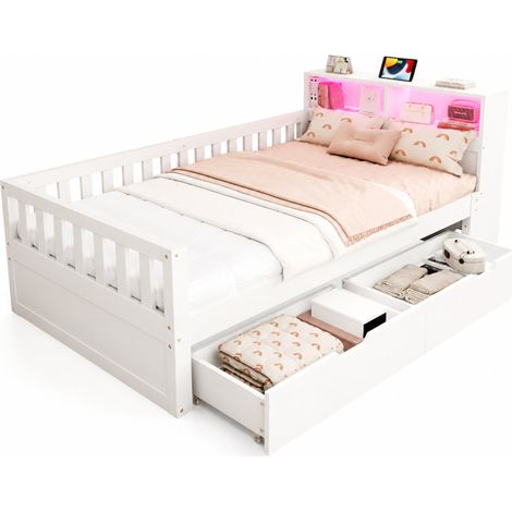 Lit multifonction convertible 90x200 cm avec tiroirs, rangements, LED, prises USB-C et barrières, blanc pour chambre d'enfant et invités – CHICFURN (1/5)
