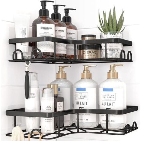 Estante esquinero para ducha - Juego de 4 estantes de baño inoxidables, gran capacidad de almacenamiento, instalación sin taladros con 4 ganchos extraíbles, color negro. (1/4)