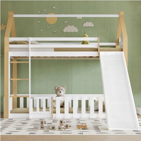 Lit superposé enfant 90x200, sécurité garde-corps lit cabane, toboggan intégré, espace de jeu (1/5)