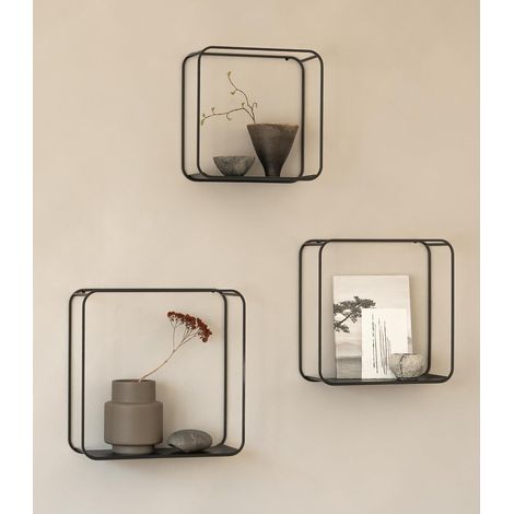 Set Étagère Murale 'Noora'  Lot de 3 Étagères Murales Flottantes en Métal Design  Déco Murale et Rangement pour Salon, Toilettes, Cuisine, Chambre et Plus  Noir (1/5)