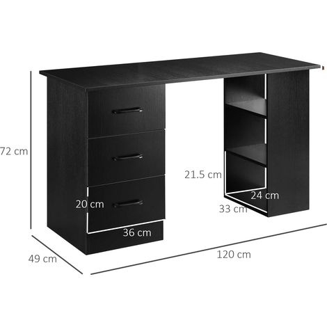 Bureau moderne en bois avec trois tiroirs et trois étagères, idéal pour une chambre ou un bureau. Dimensions : 120 x 49 x 72 cm. Noir. (1/5)