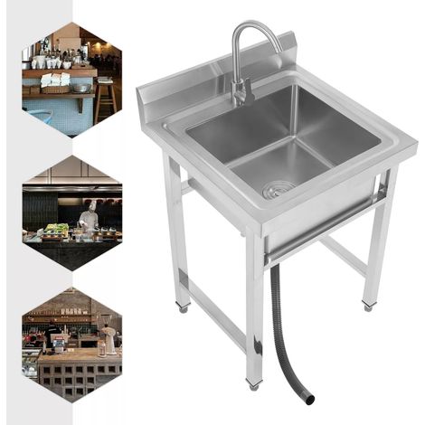Fregadero independiente de acero inoxidable, 1 cuenco, 60 x 60 x 93 cm, fregadero comercial con grifo giratorio de 360°, para exterior, interior, cocina, restaurante (1/5)