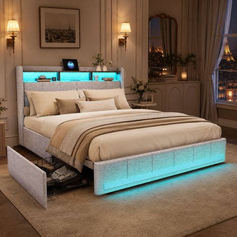 Lit 160x200 avec sommier éclairage LED et Charge USB/Type-C, Lit Double rembourré avec 4 tiroirs et tête de lit de Rangement,en Lin,lit 2 Personnes pour Adultes et Adolescents, Lin, beige (1/5)